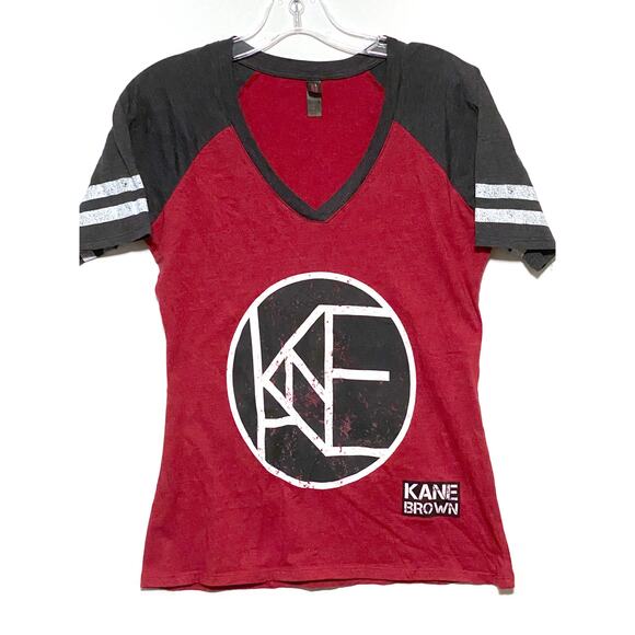 Kane Brown Red Gray Jersey V Neck Shirt Womens S Stretch Country Music Sporty - Picture 1 of 7